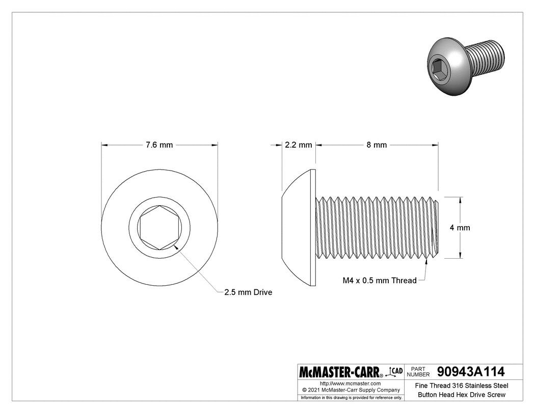 Technical Drawing of Fine Thread 316 Stainless Steel Button Head Hex Drive Screw, M4 x 0.50 mm Thread, 8mm Long.